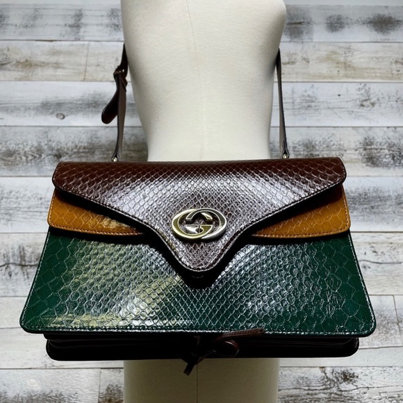 GUCCI Green Python Purse Runway Accordian Bag Interlock GG Brown 550131 Gold - Picture 4 of 15